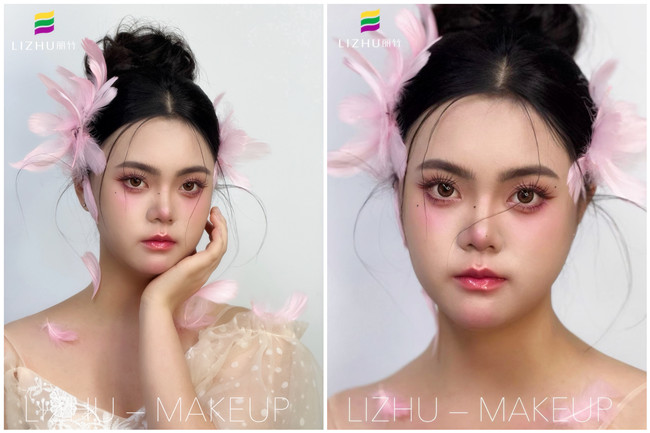 粉色羽毛寫真作品，廣西學(xué)化妝操作